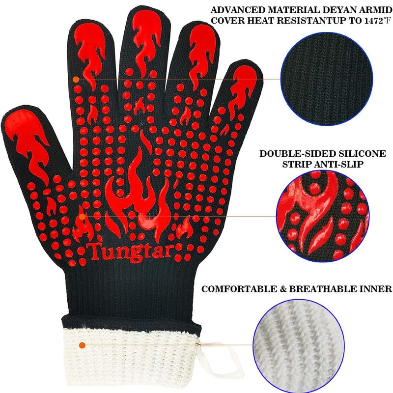TUNGTAR Turkey Fryer BBQ Heat Resistant Gloves  Cooking Gloves  Oven Gloves 1472? 14Inch  Heat Resistant  Grill Gloves  Silicone Non-Slip Cooking Gloves for Cooking  Grilling  Baking  Welding  (Large  Red) - Image 3